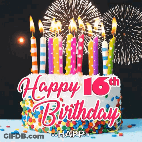 16Th Birthday Cake With Candles And Fireworks GIF
