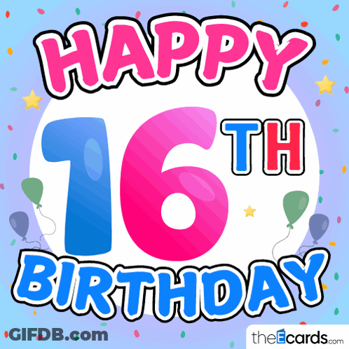 16Th Birthday Card With Balloons And Confetti GIF
