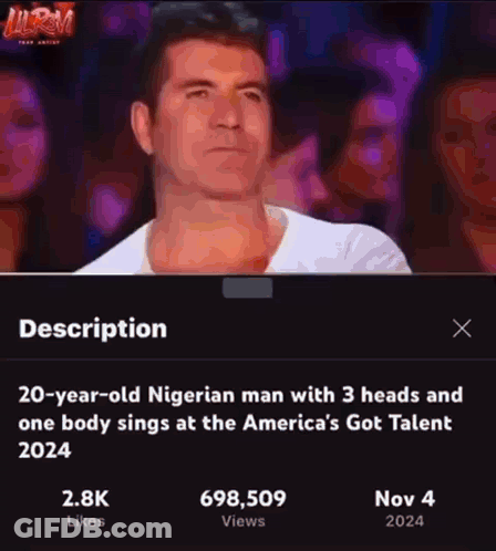 20 Year Old Nigerian Man With Three Heads Sings At America's Got Talent 2024 GIF