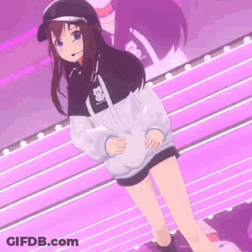 3D Anime Girl With Hat And Hoodie Pink Wall GIF