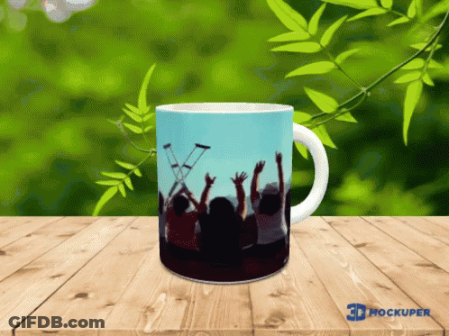 3D Mockup Mug With People Raising Arms GIF