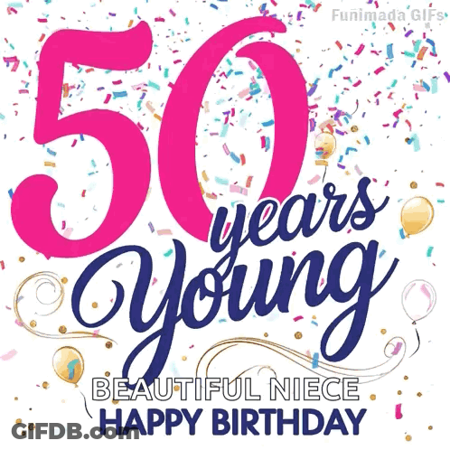 50 Years Young Beautiful Niece Happy Birthday Greeting Card With Balloons And Confetti GIF