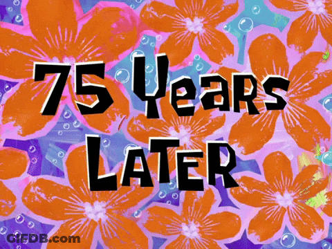75 Years Later Is Written On A Colorful Background With Flowers GIF