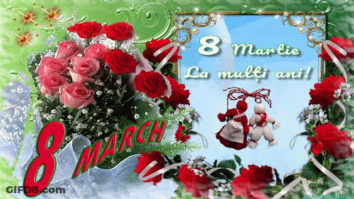 8 Martie La Multi Ani Card Surrounded By Flowers GIF
