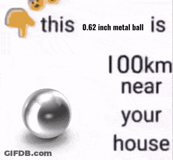 A 0.62 Inch Metal Ball Is Sitting On A White Surface Next To A Sign That Says 41 Km Near You GIF