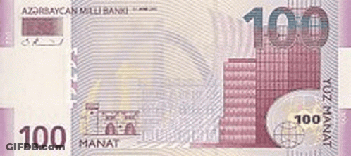 A 100 Manat Banknote From Azerbaijan With A Castle On It GIF
