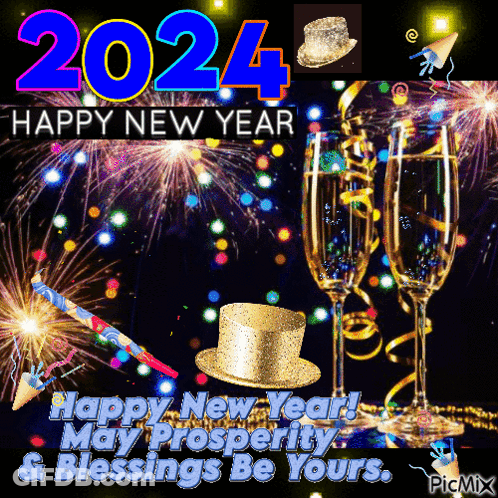 A 2024 Happy New Year Greeting With A Top Hat And Champagne Glasses GIF