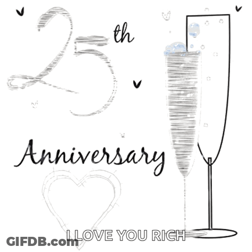 A 25Th Anniversary Card With A Champagne Glass And A Heart GIF