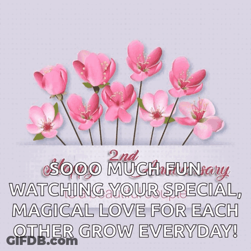 A 2Nd Anniversary Greeting Card With Pink Flowers On A Purple Background GIF