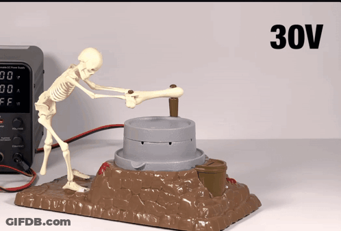 A 30V Power Supply Is Next To A Skeleton Figure GIF