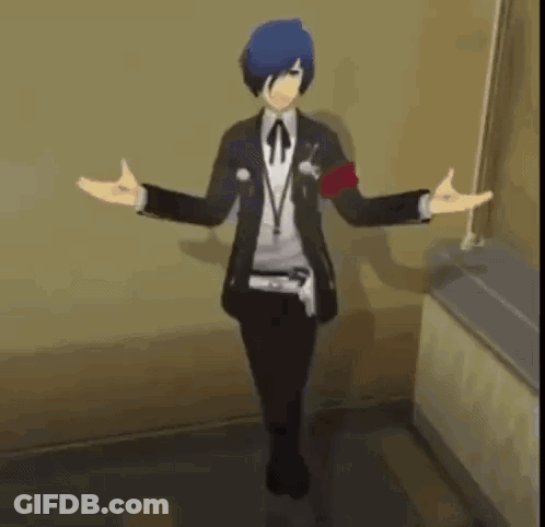 A 3D Anime Character Is Standing In A Hallway With His Arms Outstretched . GIF