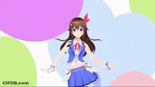 A 3D Anime Girl In A Blue Dress With A Red Bow On Her Head GIF