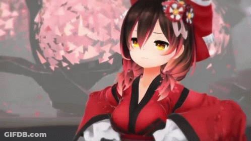 A 3D Anime Girl Is Wearing A Red Kimono And A Red Hat . GIF