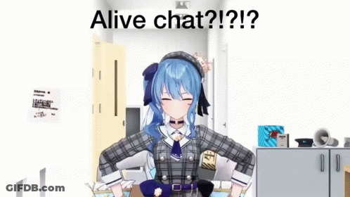A 3D Anime Girl With Blue Hair Is Standing In A Room . GIF