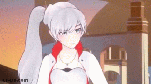 A 3D Anime Girl With White Hair And A Red Jacket Is Standing In Front Of A Building . GIF