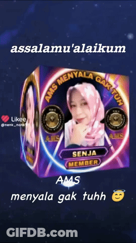 A 3D Cube With A Picture Of A Woman And The Words Assalamu ' Alaikum GIF