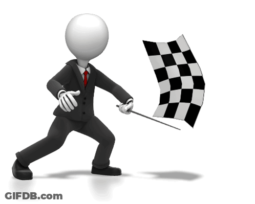 A 3D Man In A Suit And Tie Is Holding A Checkered Flag GIF