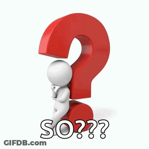 A 3D Man Scratches His Head In Front Of A Red Question Mark That Says So GIF