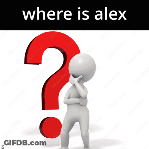 A 3D Man Standing In Front Of A Red Question Mark With The Words " Where Is Alexx " On The Bottom GIF