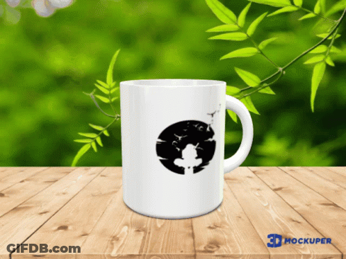 A 3D Mockup Of A Coffee Mug On A Wood Table GIF