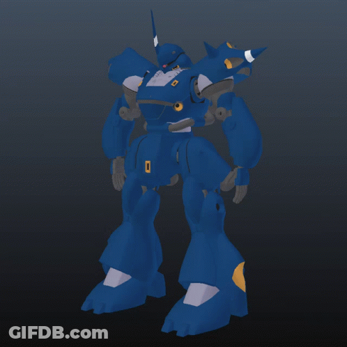 A 3D Model Of A Blue Robot With Yellow Lights On Its Feet GIF