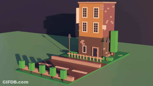 A 3D Model Of A Building With A Fence And Trees In Front Of It GIF