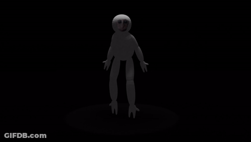 A 3D Model Of A Cartoon Character Is Standing In A Dark Room . GIF