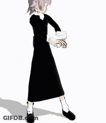 A 3D Model Of A Girl In A Black Dress And White Shirt Is Standing On One Leg . GIF