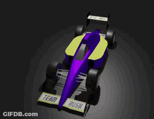 A 3D Model Of A Purple And Yellow Race Car With The Word Rusk On The Side GIF