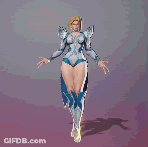 A 3D Model Of A Woman In A White And Blue Outfit GIF