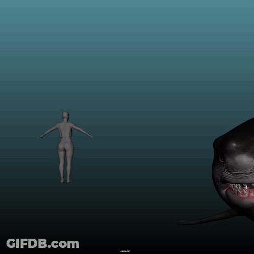 A 3D Model Of A Woman Standing In Front Of A Shark GIF