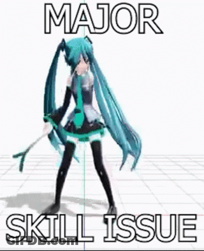 A 3D Model Of Hatsune Miku Dancing With The Words `` Major Skill Issue '' Written On It . GIF