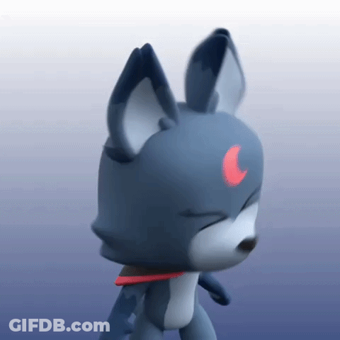 A 3D Rendering Of A Cartoon Fox With A Red Crescent Moon On Its Head . GIF