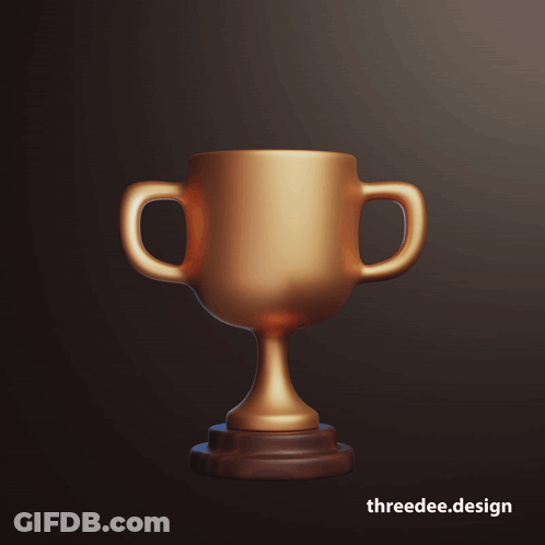 A 3D Rendering Of A Gold Trophy With The Website Threedee.design Written Below It GIF
