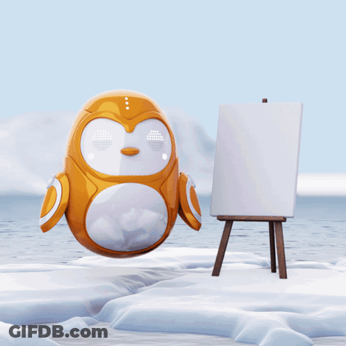 A 3D Rendering Of A Penguin Standing Next To A Board With A Red Line On It GIF