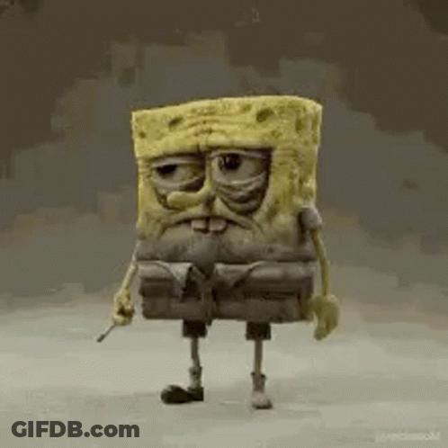 A 3D Rendering Of A Spongebob Squarepants Character With A Mustache Holding A Sword . GIF