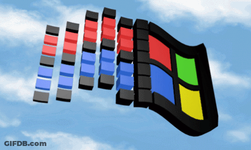 A 3D Rendering Of A Windows Logo Flying Through A Blue Sky GIF
