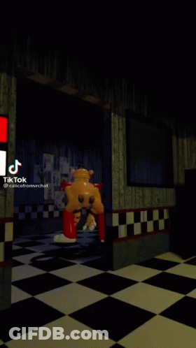 A 3D Rendering Of Five Nights At Freddy 'S With A Yellow Teddy Bear And A Checkered Floor . GIF