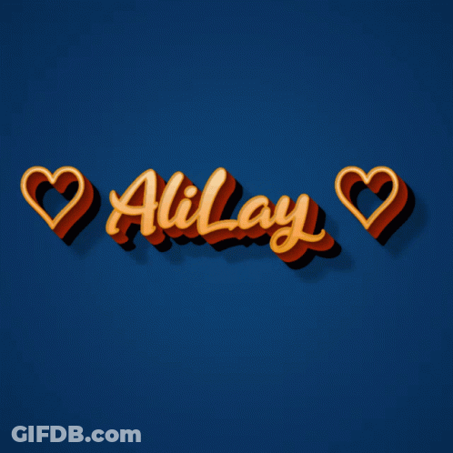 A 3D Rendering Of The Name Alilay With Two Hearts Around It GIF
