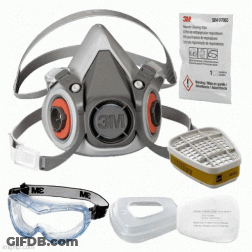 A 3M Face Mask With Goggles And A Bag Of Wipes GIF