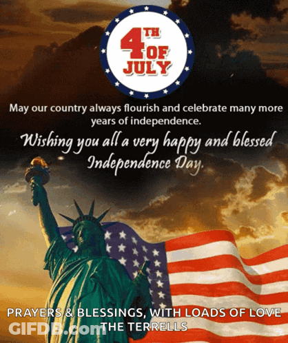 A 4Th Of July Greeting Card With A Statue Of Liberty And An American Flag GIF