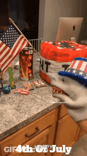 A 4Th Of July Greeting With A Shark Puppet On The Counter GIF