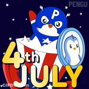 A 4Th Of July Poster With A Penguin In Captain America 'S Cape GIF