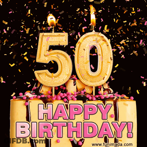 A 50Th Birthday Cake With Candles And Confetti On It GIF