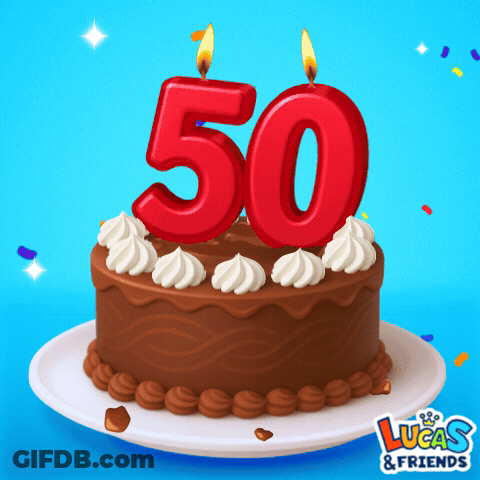A 50Th Birthday Cake With Lucas & Friends Written On The Bottom GIF