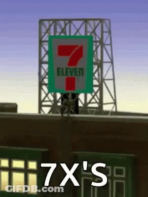 A 7 Eleven Sign On Top Of A Building With 7X 'S Written Below It GIF
