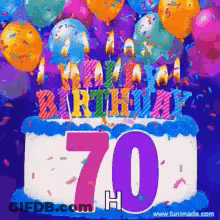 A 70Th Birthday Cake With Balloons And Confetti On It GIF