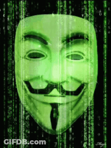 A Anonymous Mask With A Mustache Is Against A Green Matrix Background GIF