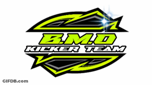 A B.m.d Kicker Team Logo With A Red Arrow Around It GIF