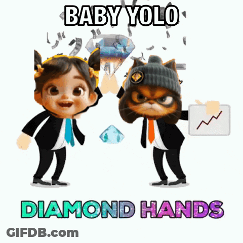 A Baby And A Cat Holding Up A Diamond With The Words Baby Yolo Diamond Hands GIF